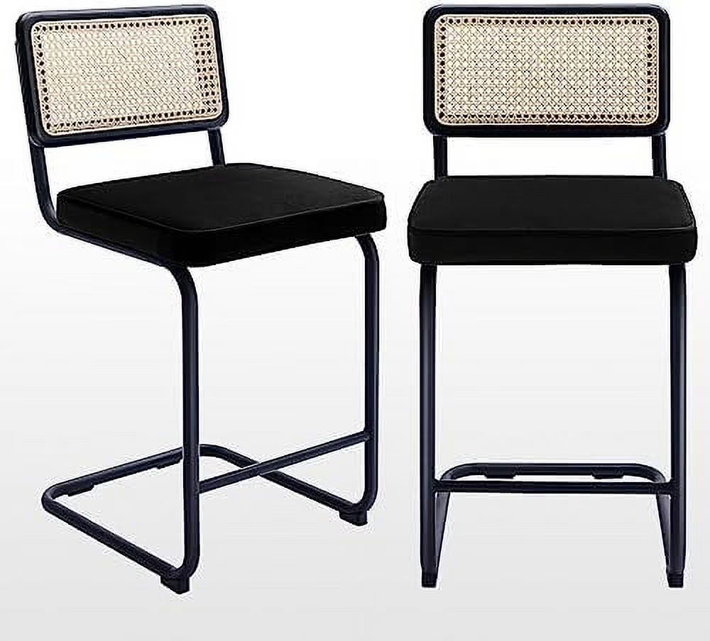 Counter Height Stools Set of 2, 24'' Modern Velvet Stools with Natural Cane Mesh J316862