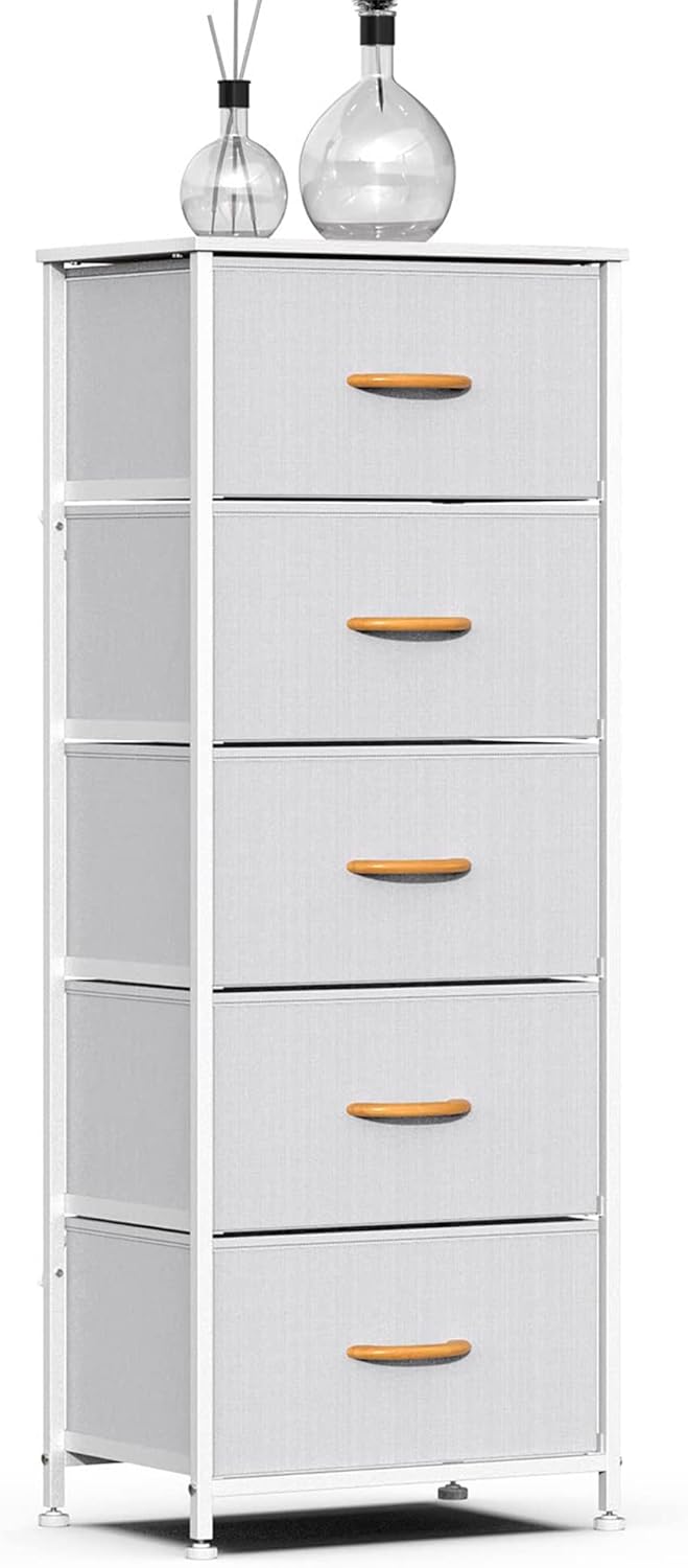 Vertical Dresser Storage Tower, Steel Frame, Wood Top, Fabric Bins, 4 Drawers, Brown L7718