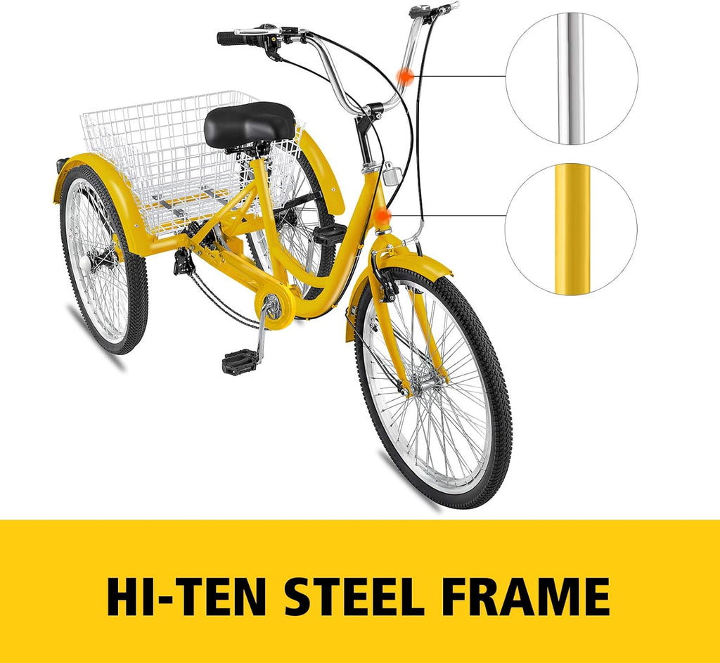 Adult Tricycle 20 inch, Three Wheel Bikes 7 Speed, Yellow Tricycle with Bell Brake System, Cargo Basket Z395064