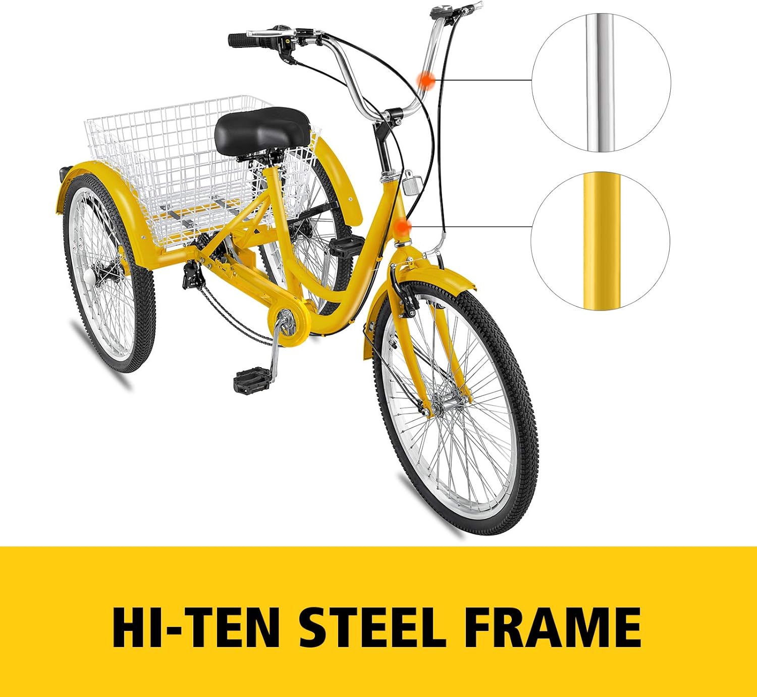 Adult Tricycle 20 inch, Three Wheel Bikes 7 Speed, Yellow Tricycle with Bell Brake System, Cargo Basket Z395064