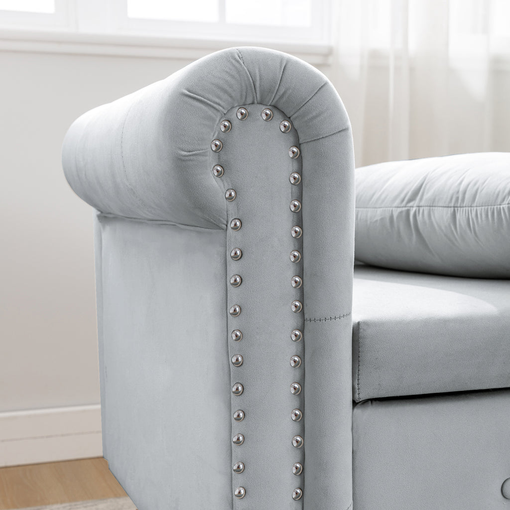 Grey Velvet Chaise Lounge with Storage & Pillow B399