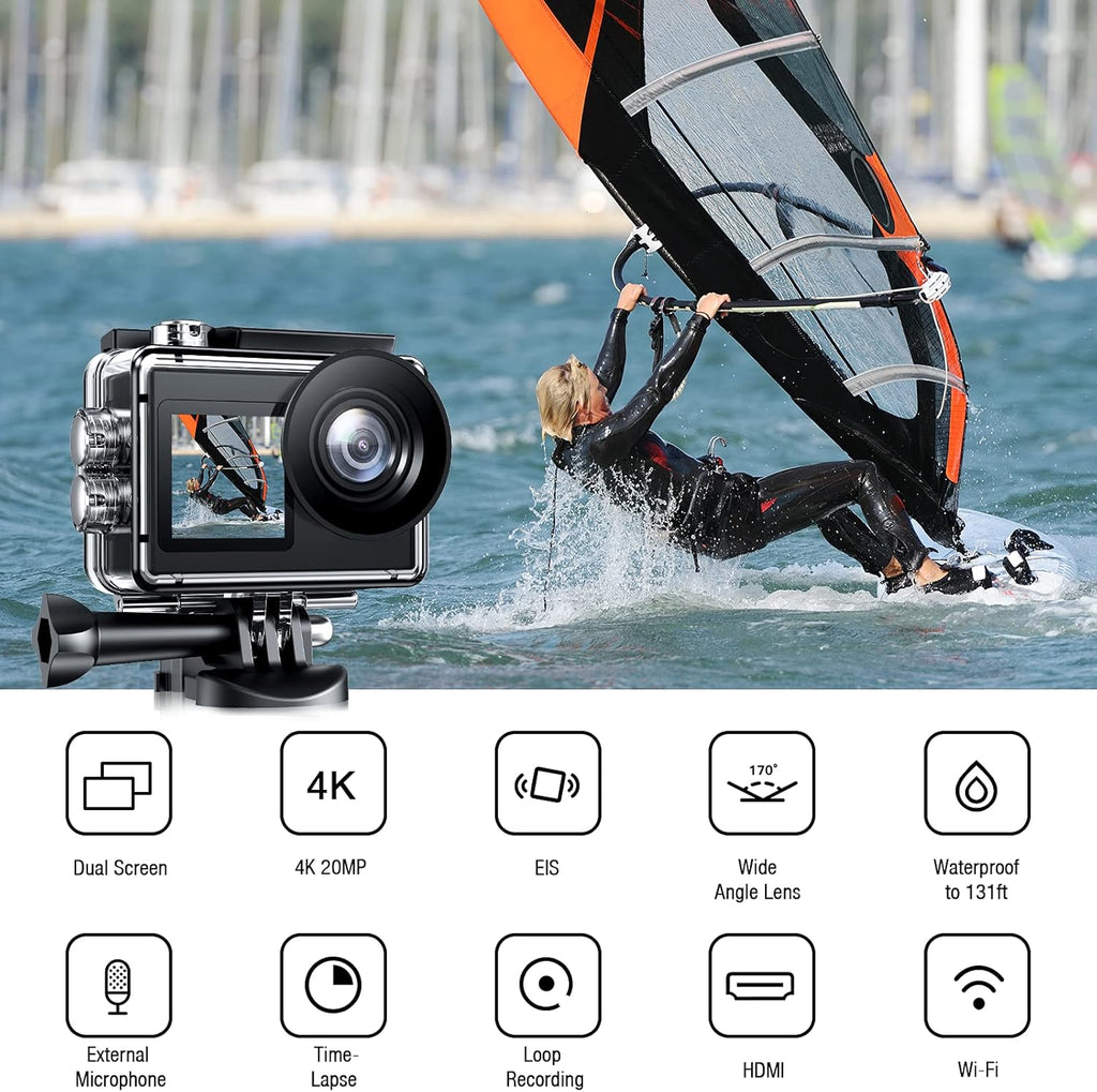4K 30FPS 20MP Underwater Camera with WiFi Touch Screen EIS 2.4G Remote Control 131feet Waterproof Camera with 2x1350mAh Batteries Z27617