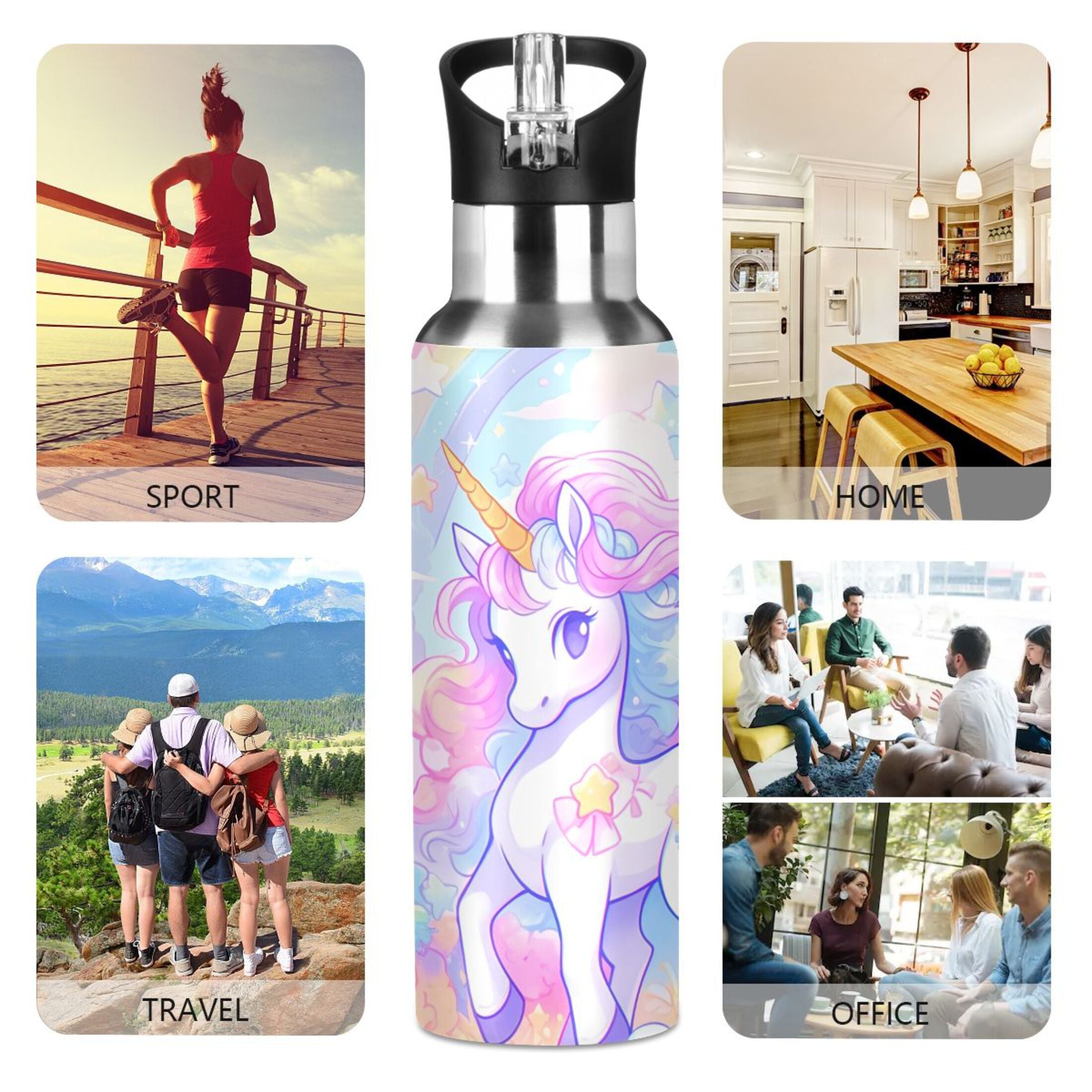 Unicorn Rainbow Stainless Steel Insulated Water Bottle with Straw Lid I767