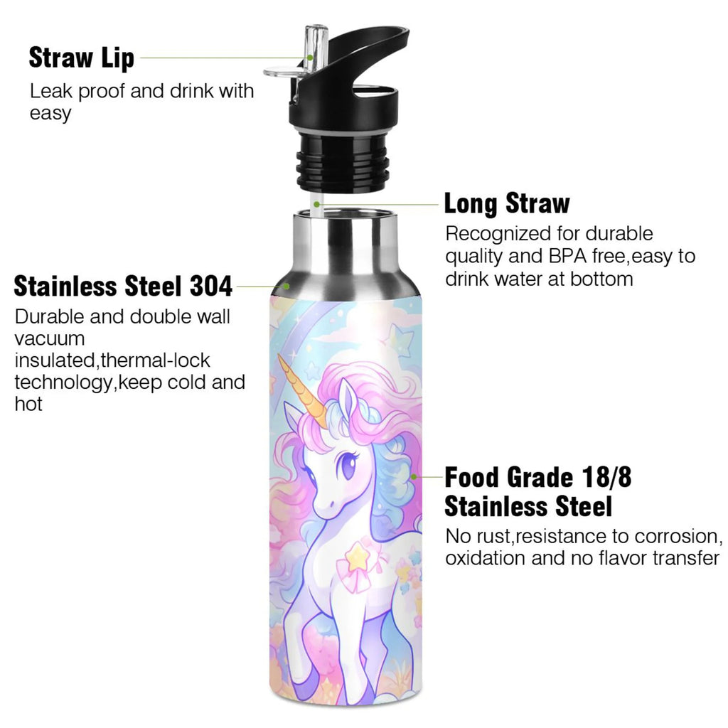 Unicorn Rainbow Stainless Steel Insulated Water Bottle with Straw Lid I767