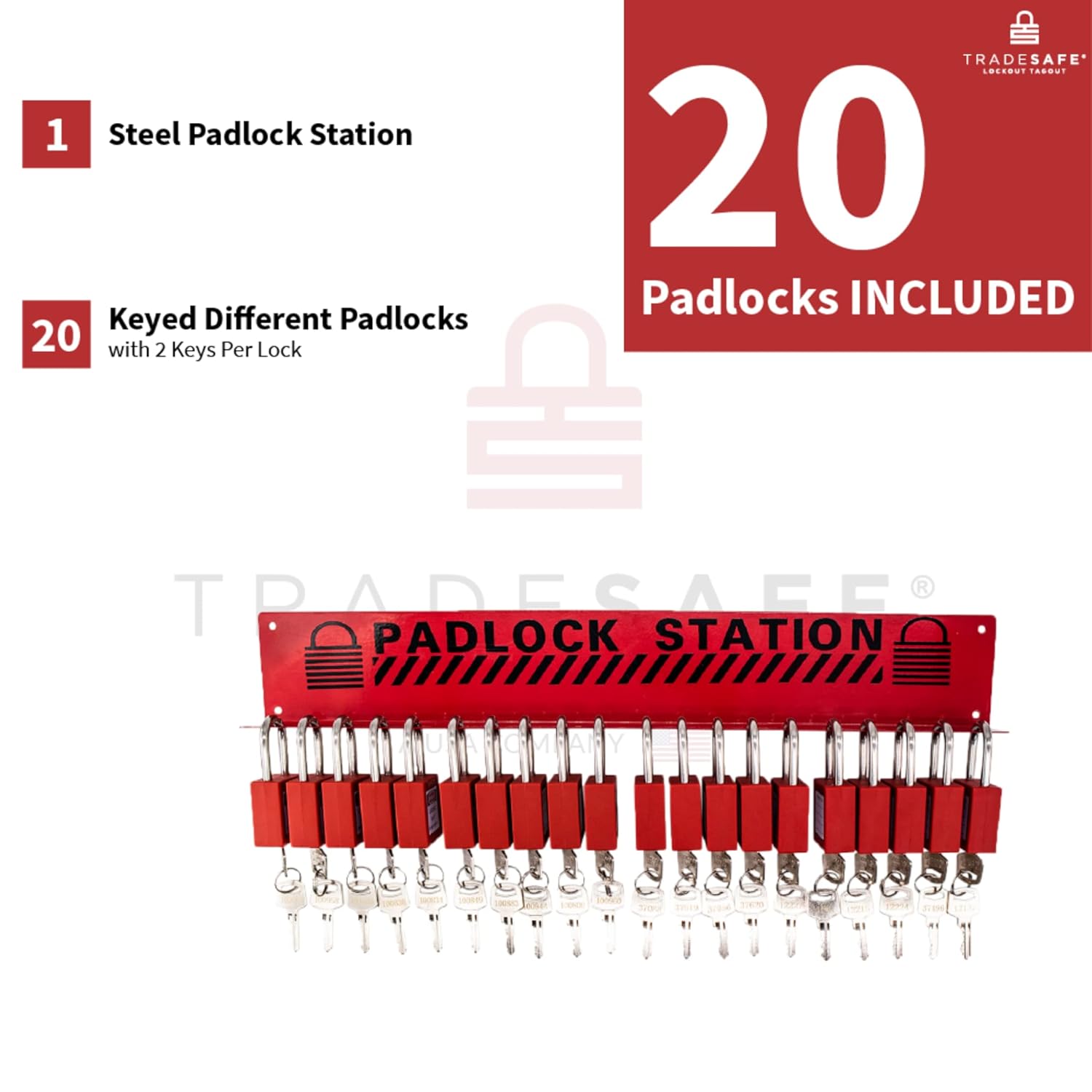 Safety Locks Station with 20 Padlocks, Impact-Resistant Carbon Steel Body J975659