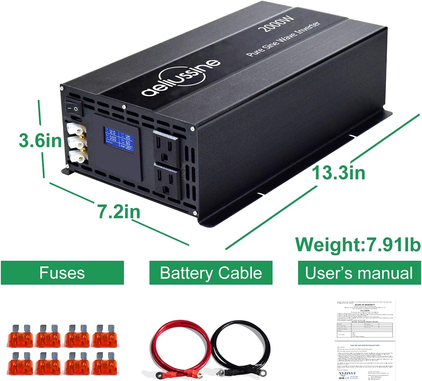 2000w Pure Sine Wave Power Inverter 48v DC to AC 110v 120v with Hardwire Terminal LCD Display D447805