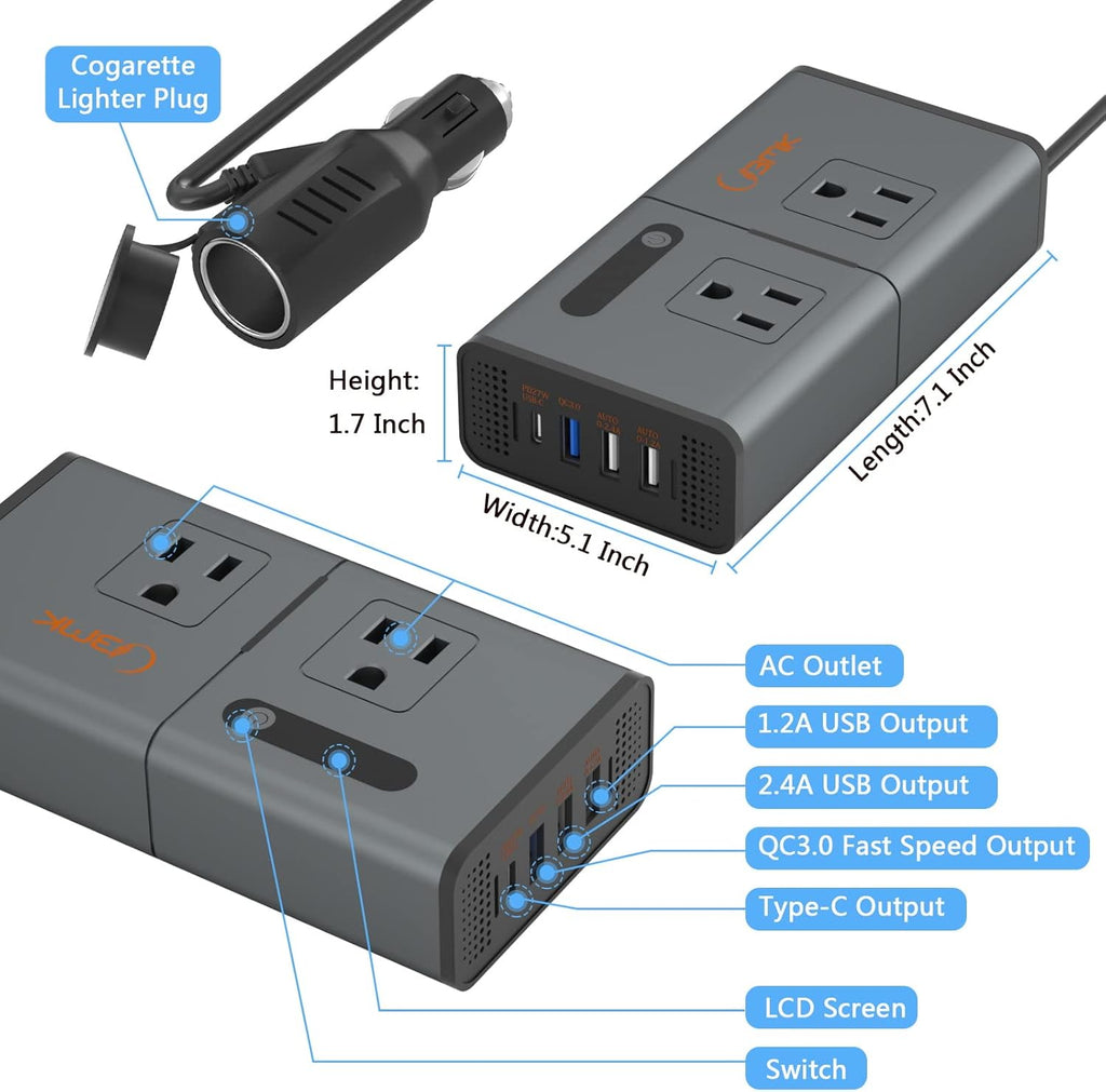 200W Car Power Inverter DC 12V to 110V with USB and Type C Ports Pack of 2 T13342