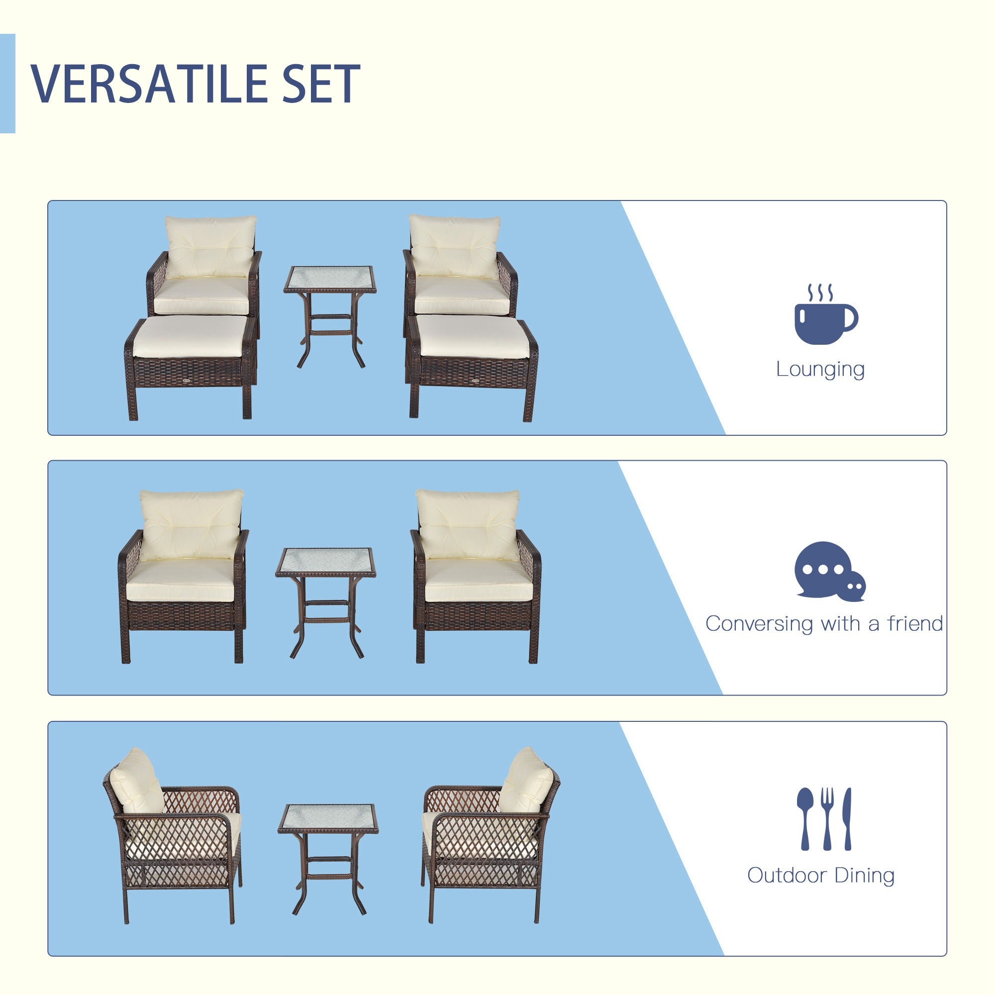 5pc PE Wicker Balcony Furniture Set with Ottomans, Steel, Cream C226