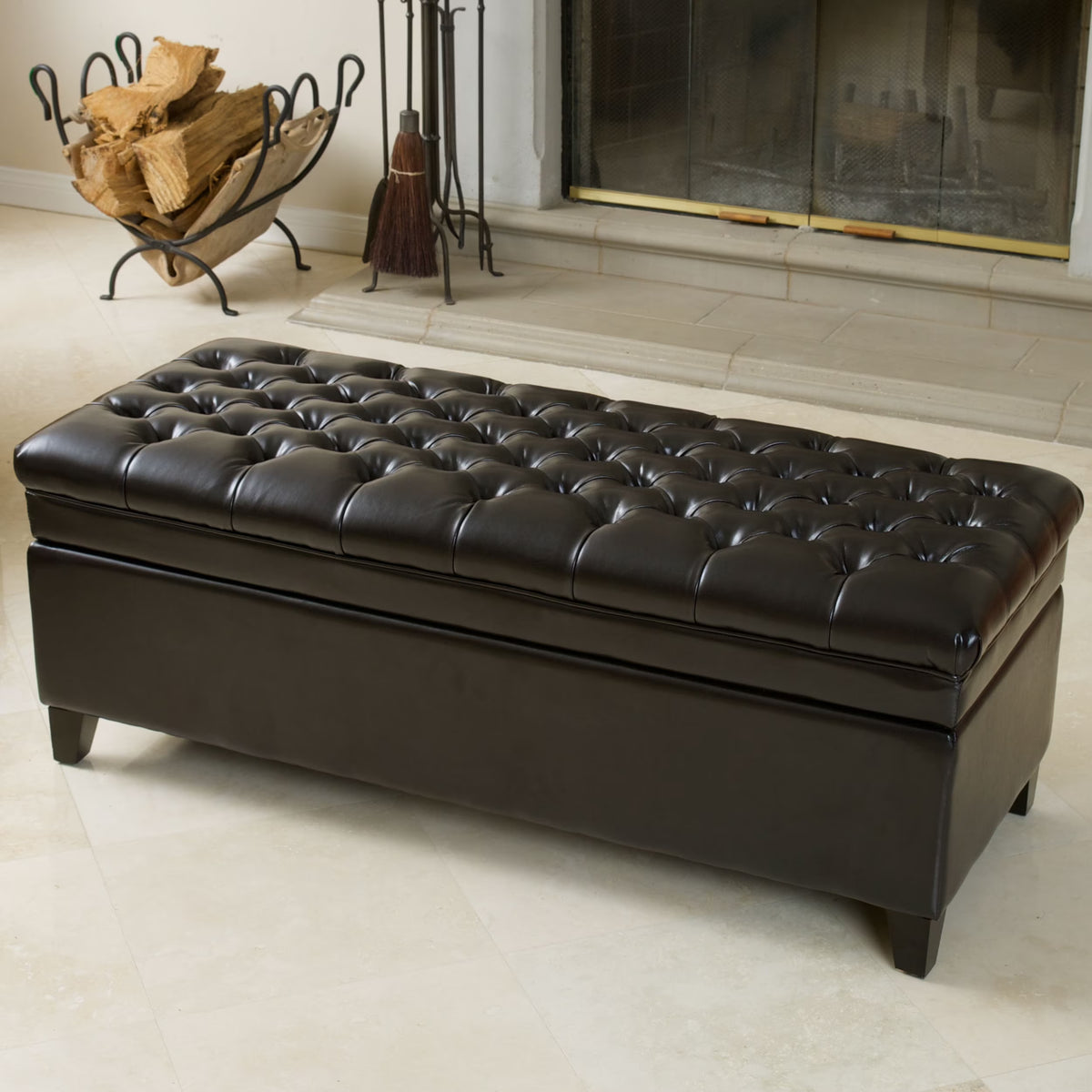 Espresso Bonded Leather Tufted Storage Ottoman Bench F6853