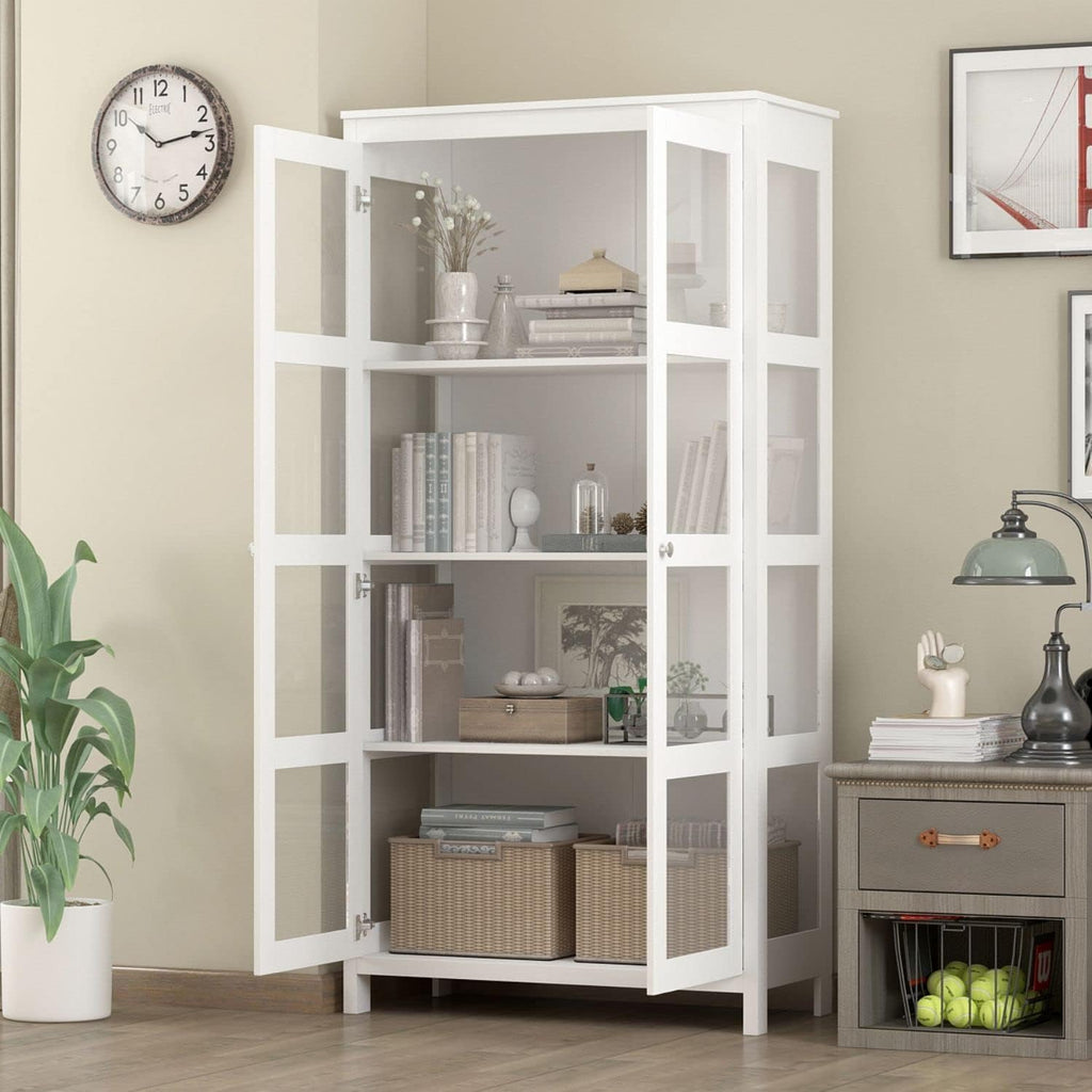 Tall Wooden Bookcase with Shelves and Glass Doors White L20150