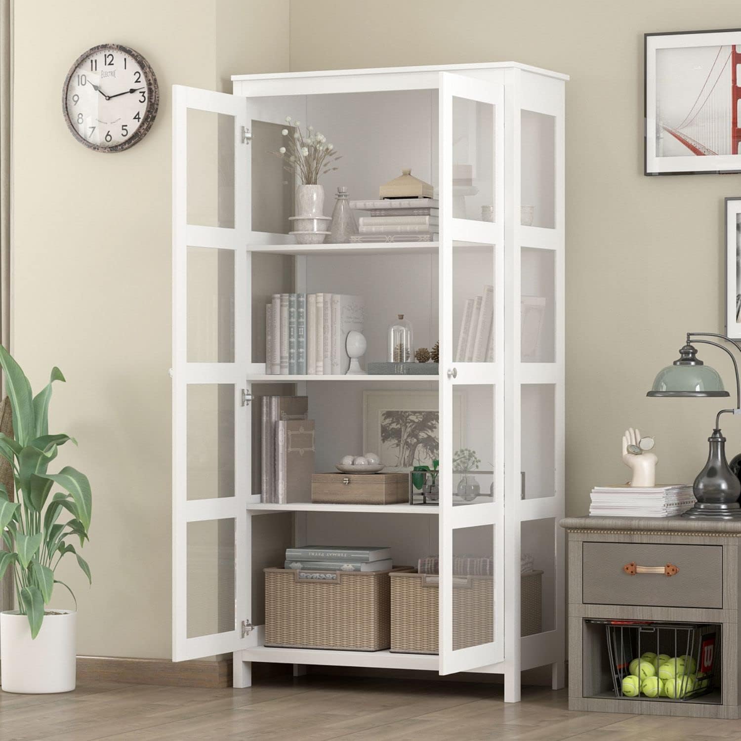 Tall Wooden Bookcase with Shelves and Glass Doors White L20150