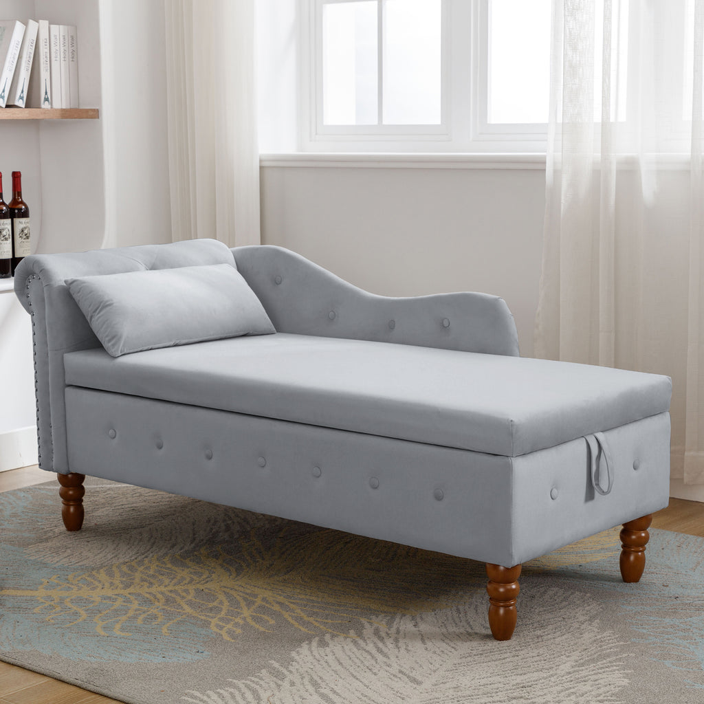 Grey Velvet Chaise Lounge with Storage & Pillow B399