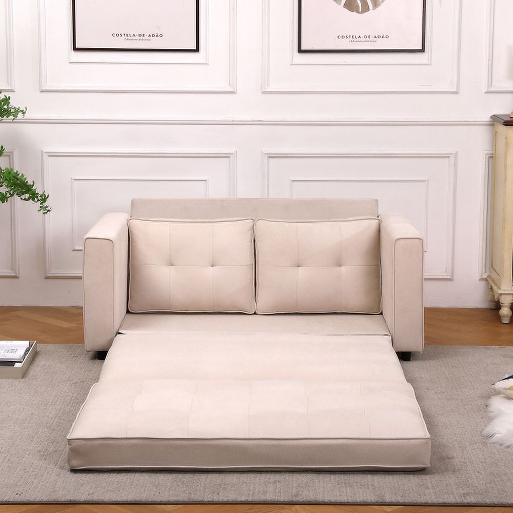 Beige Linen Folding Sofa Bed with Two Storage Pockets Y581894