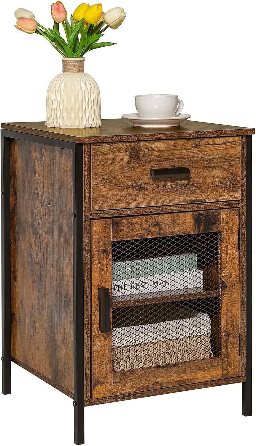 Rustic Brown End Table with Drawer and Mesh Door V549145