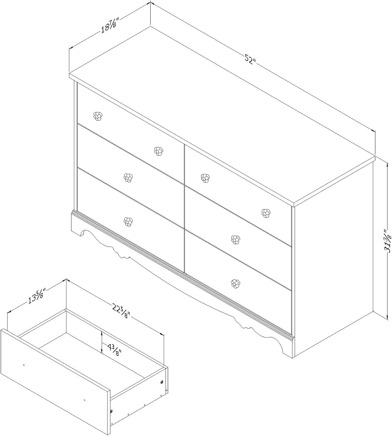 White Wash 6-Drawer Double Dresser with Metal Handles F320