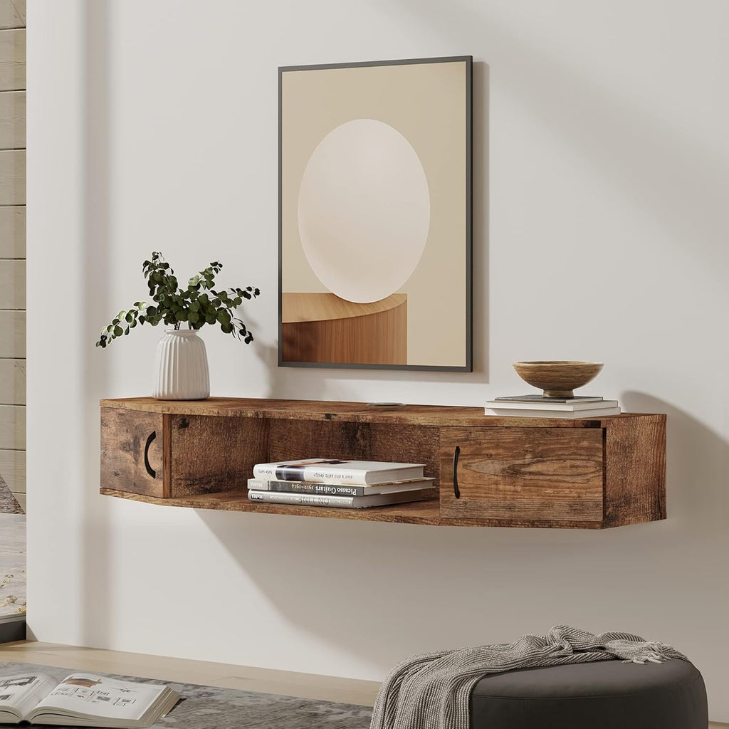 Black Floating TV Stand with Door Wood Media Console J6156