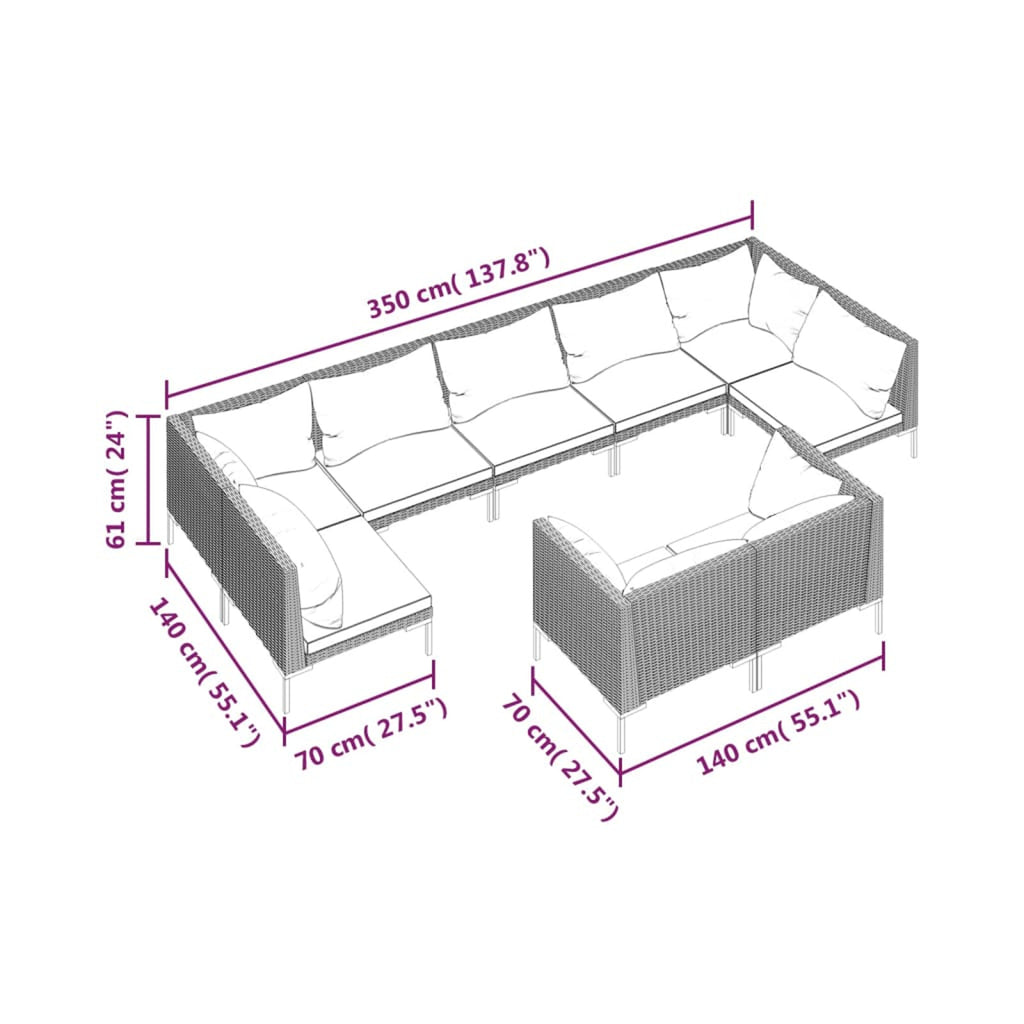 9 Piece Poly Rattan Patio Set with Cushions Dark Gray G1483