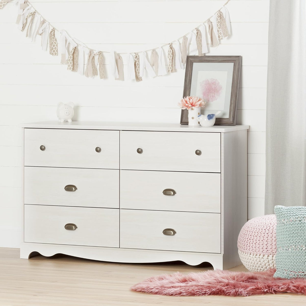White Wash 6-Drawer Double Dresser with Metal Handles F320