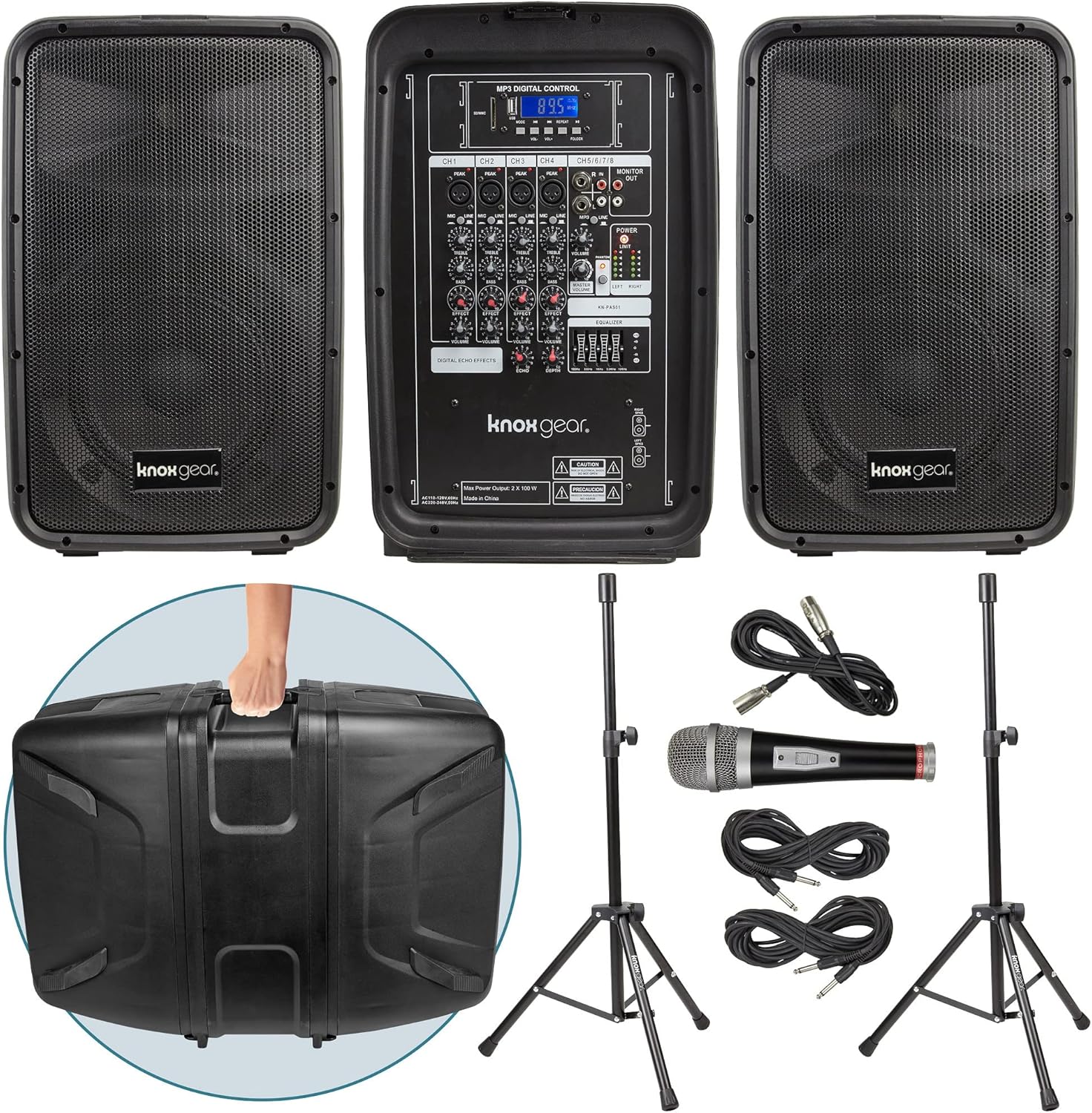 Portable 8” 300 Watt DJ PA System with Wired Microphone & Tripod Stands Q608