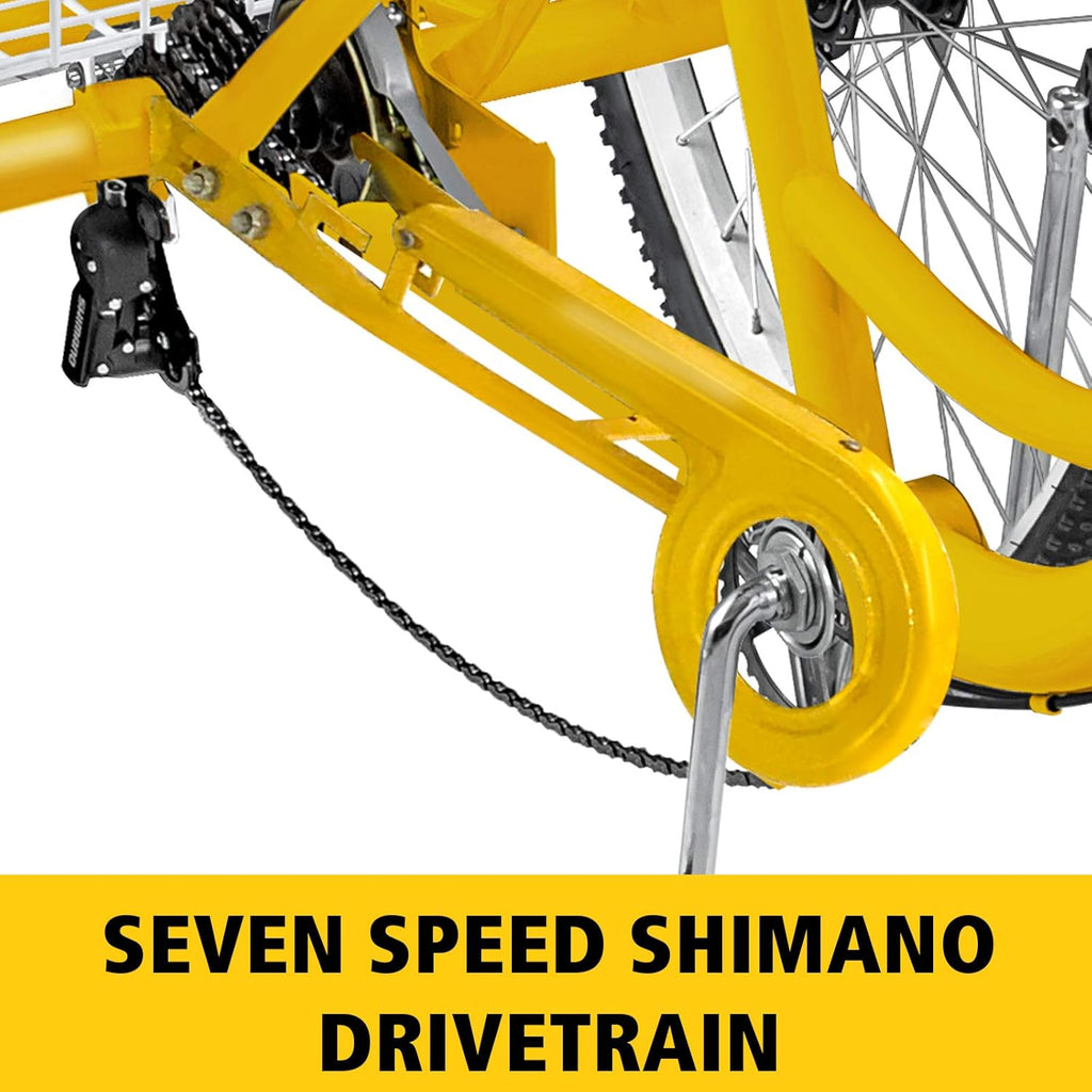 Adult Tricycle 20 inch, Three Wheel Bikes 7 Speed, Yellow Tricycle with Bell Brake System, Cargo Basket Z395064