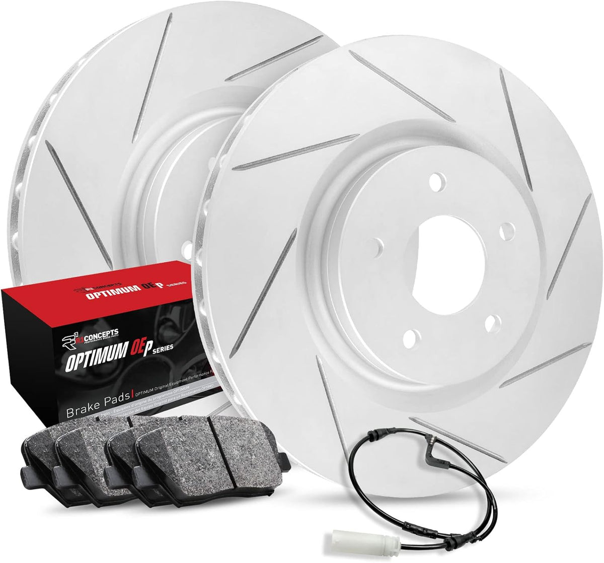 Front Carbon Brake Rotors Slotted with Pads and Sensor Wire O9657
