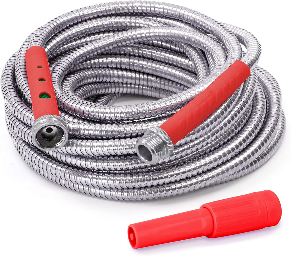 75' Lightweight 304 Stainless Steel Garden Hose with Adjustable Spray Nozzle, Red, Pack of 2 Y81903