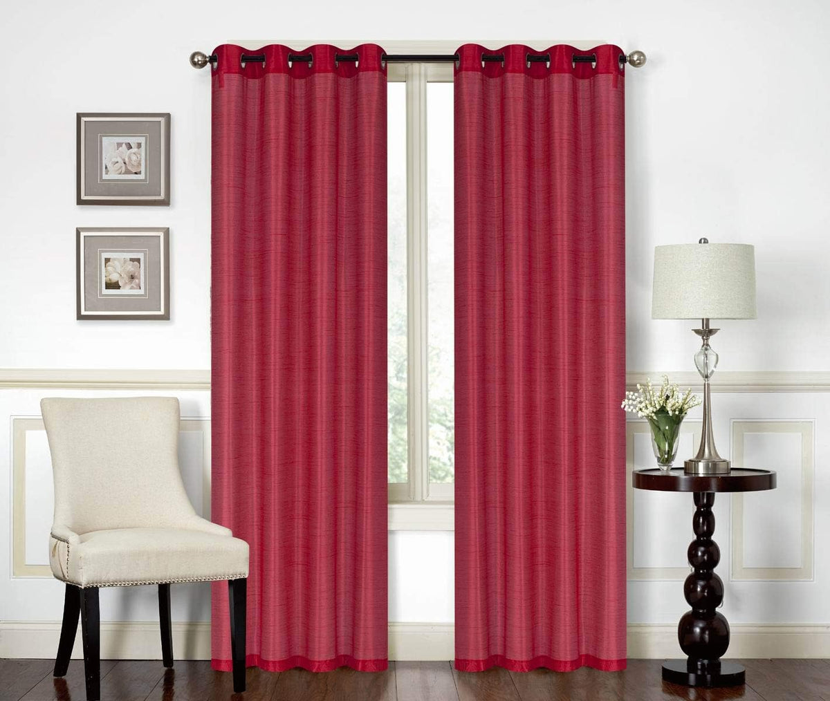 Red Solid Faux Silk Double Waterfall Valance with Tails B365368