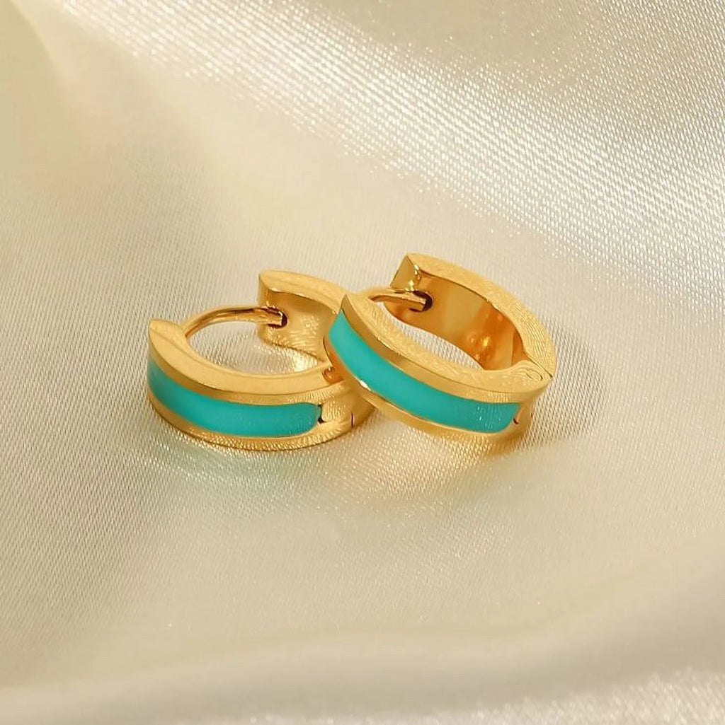 Turquoise Enamel Huggie Hoop Earrings In 18K Gold Plated Stainless Steel M310
