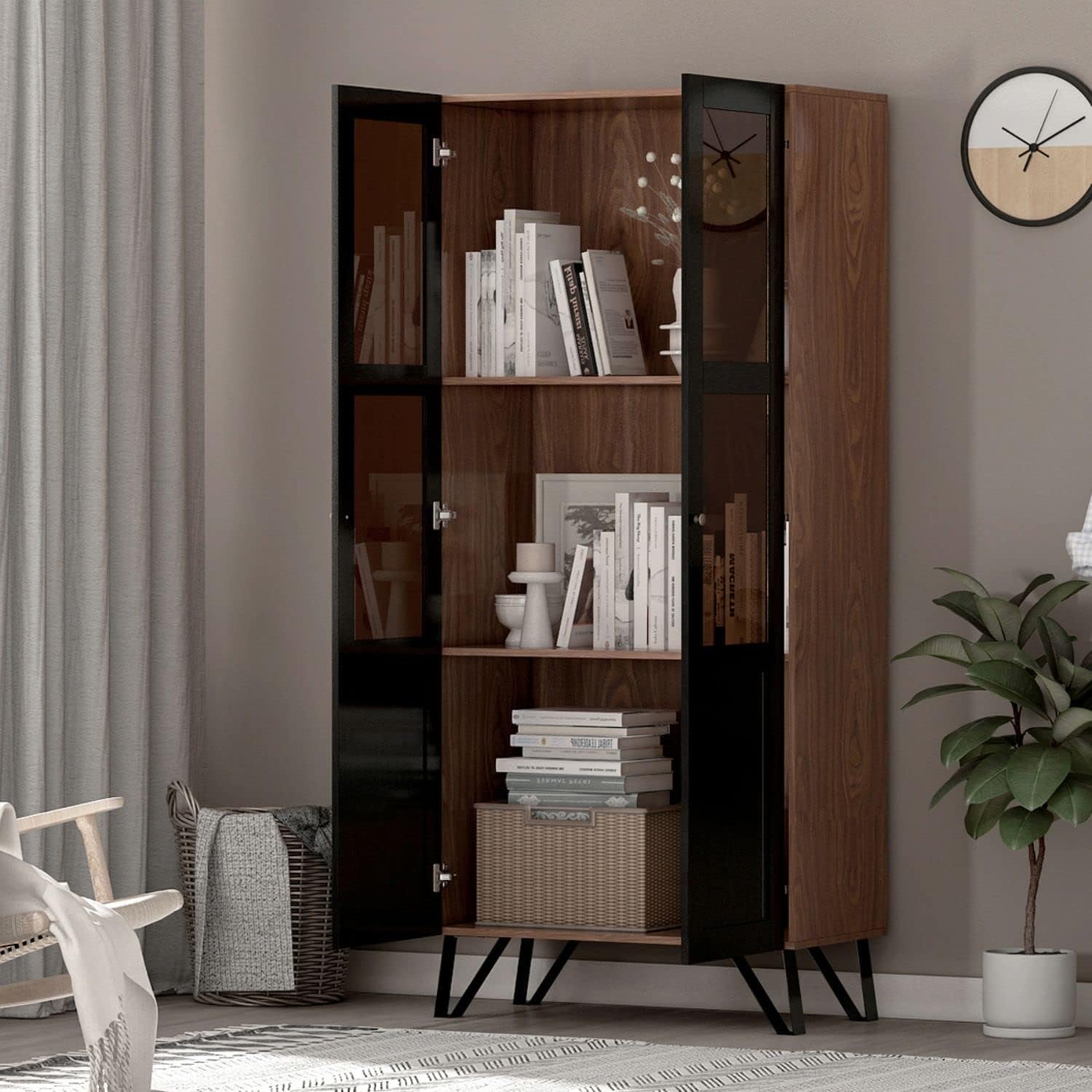 Tall Wooden Bookcase with Shelves and Glass Doors White L20150