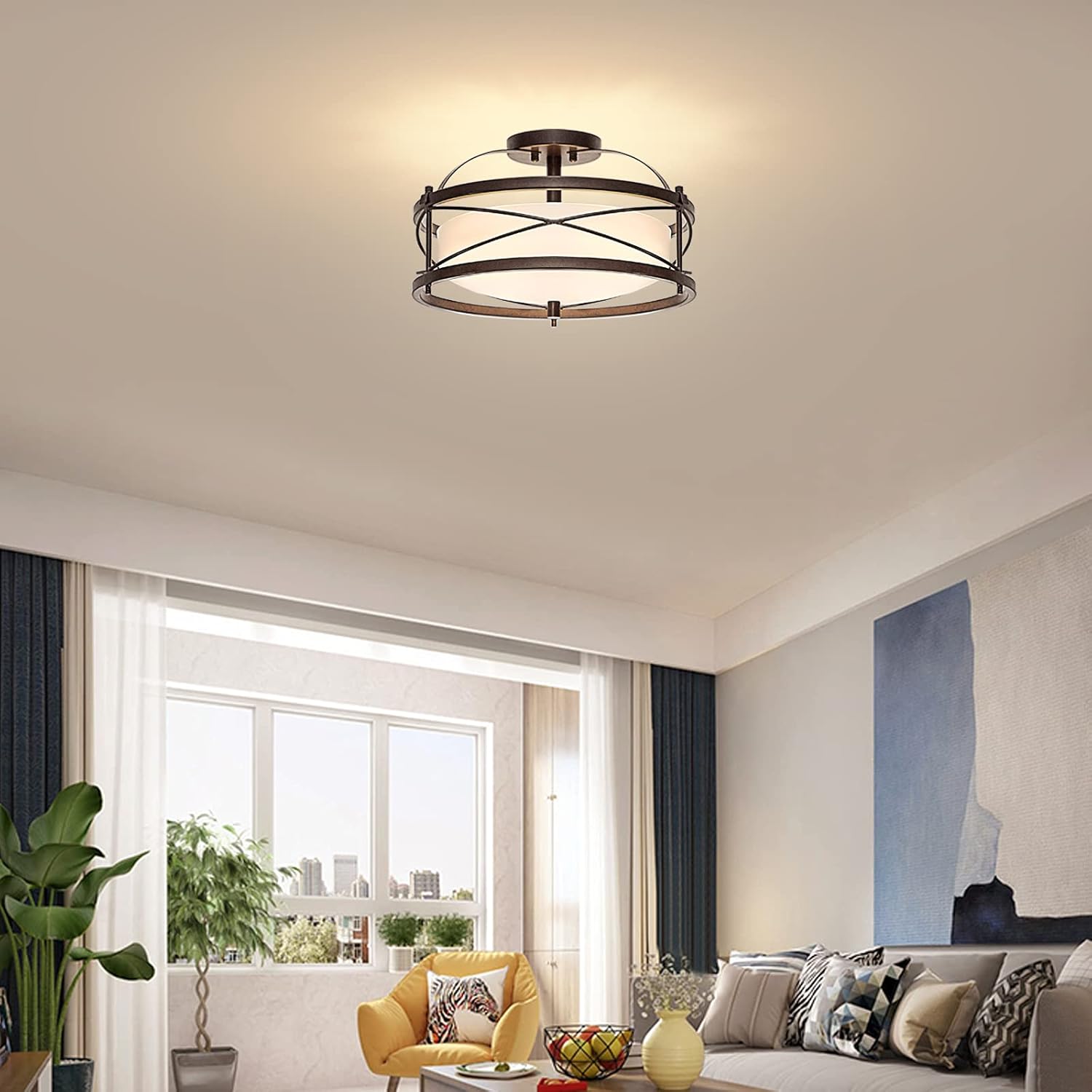 Bronze Metal Cage Semi Flush Mount Ceiling Light B856