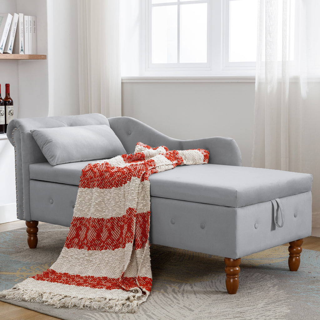 Grey Velvet Chaise Lounge with Storage & Pillow B399