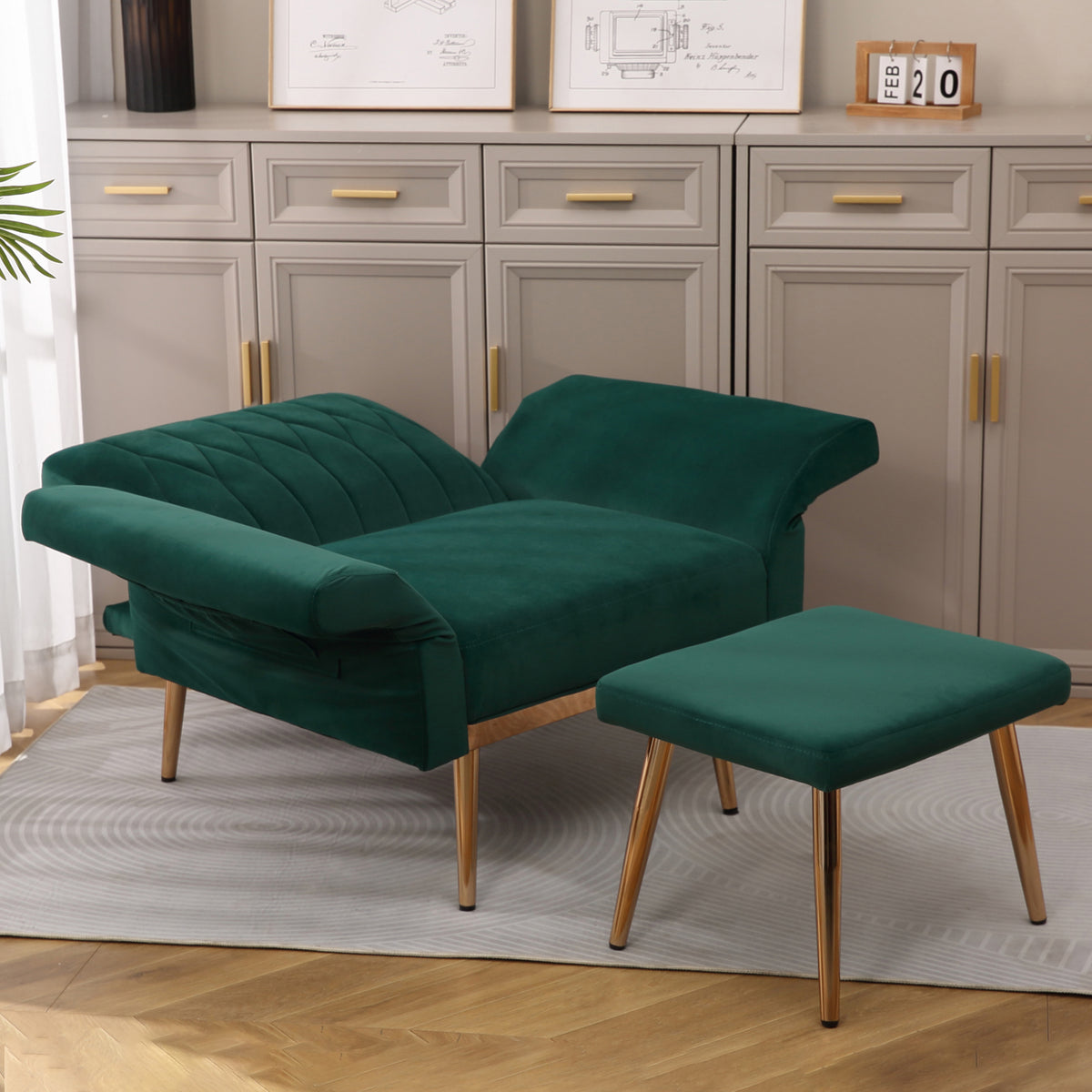 Velvet Accent Chair with Ottoman Set, Gold Legs, Upholstered Single Sofa A58544
