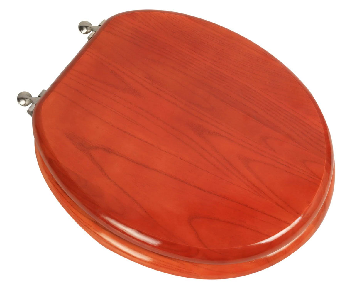 American Cherry Finish Solid Round Oak Wood Toilet Seat with Brushed Nickel Hinges U91975