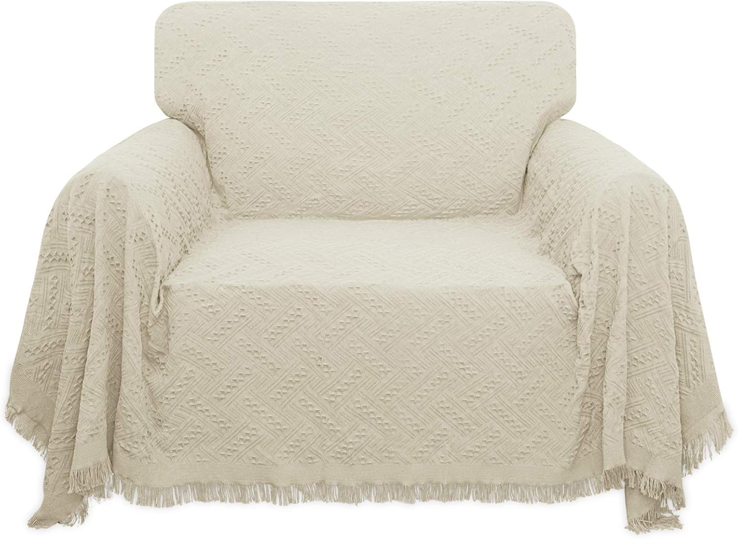 Geometrical Jacquard Sofa Cover for 3 Cushion Couch, 91x134 inch, Ivory G390814