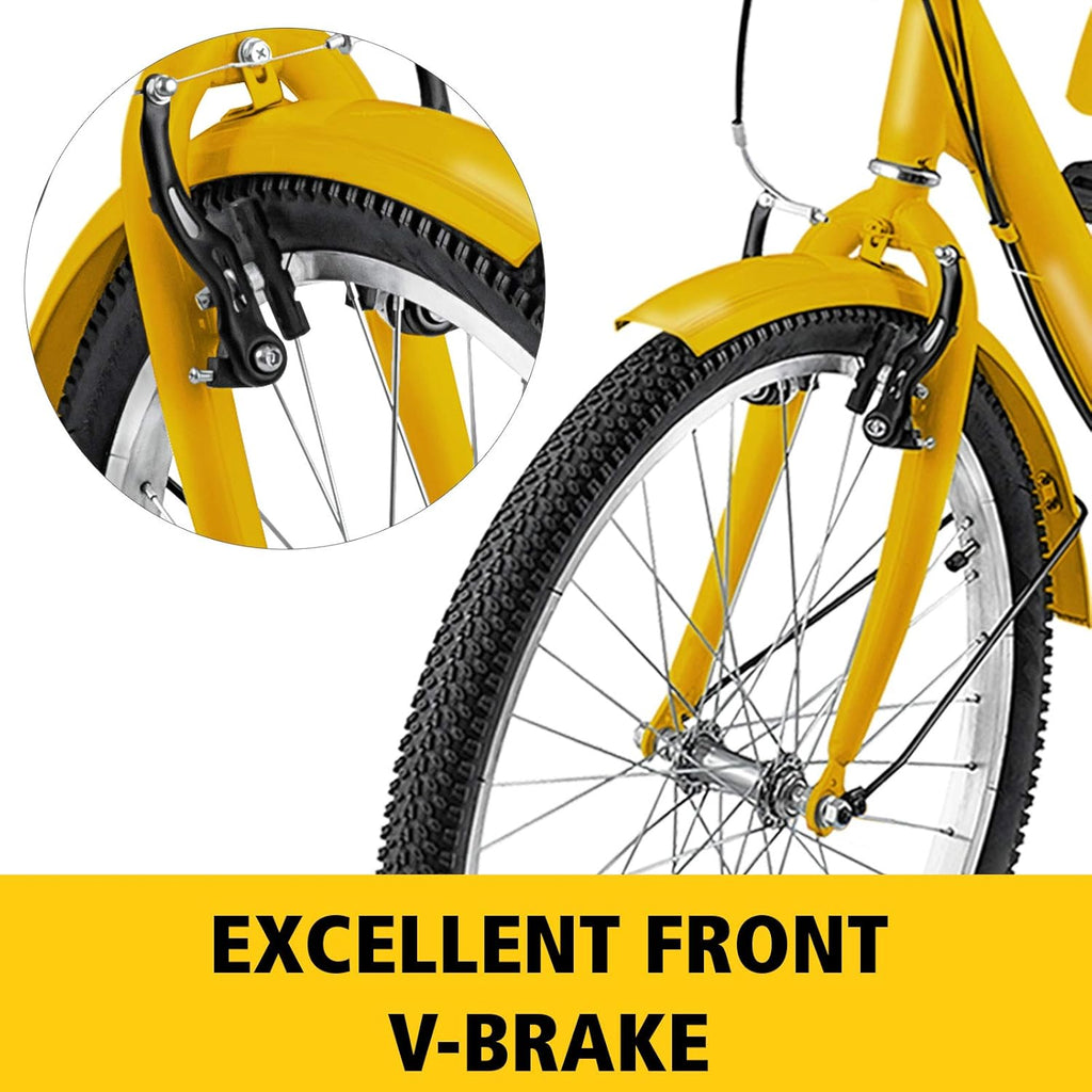 Adult Tricycle 20 inch, Three Wheel Bikes 7 Speed, Yellow Tricycle with Bell Brake System, Cargo Basket Z395064