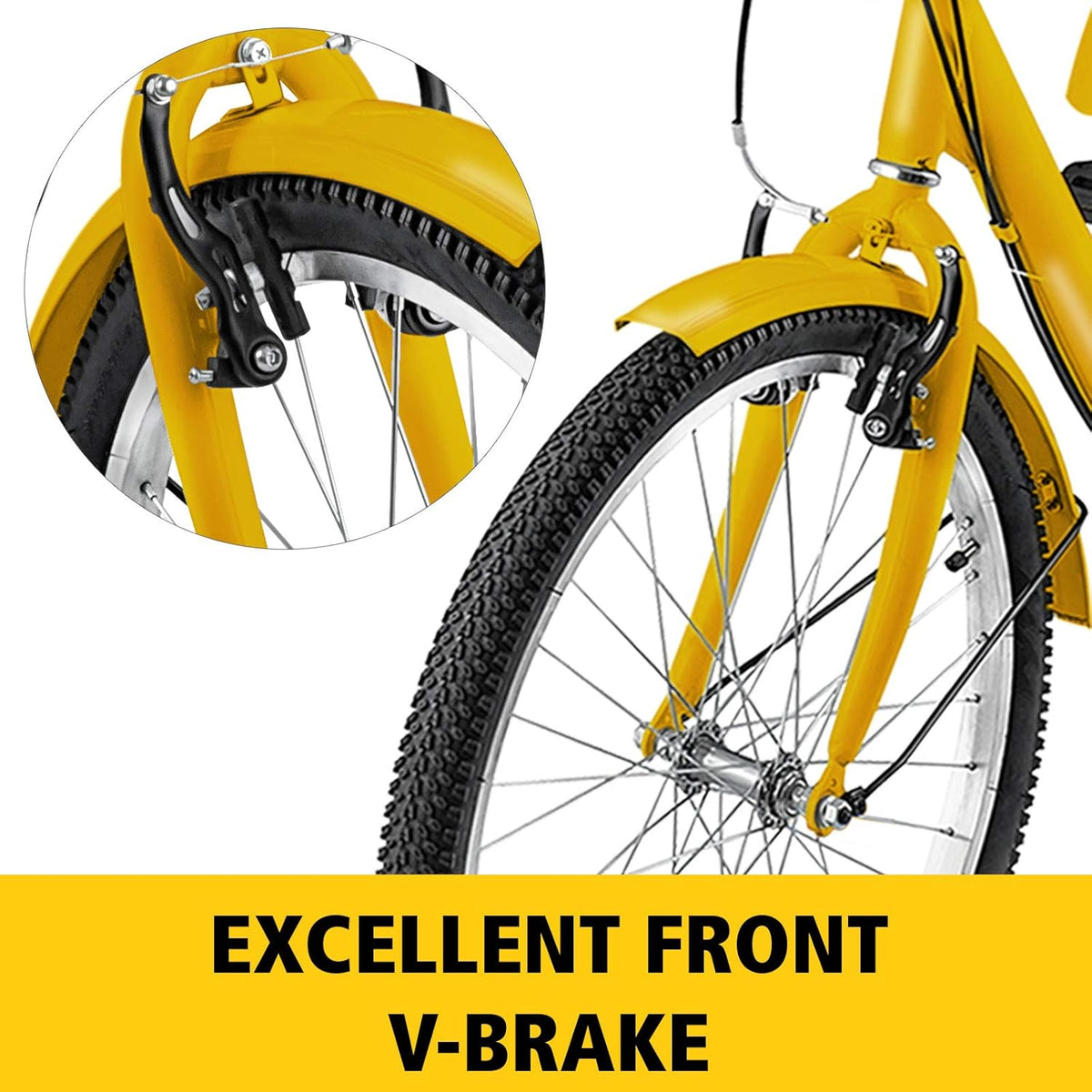 Adult Tricycle 20 inch, Three Wheel Bikes 7 Speed, Yellow Tricycle with Bell Brake System, Cargo Basket Z395064
