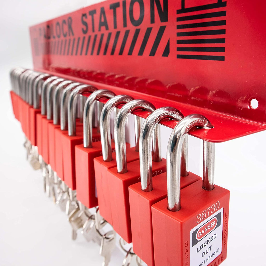 Safety Locks Station with 20 Padlocks, Impact-Resistant Carbon Steel Body J975659
