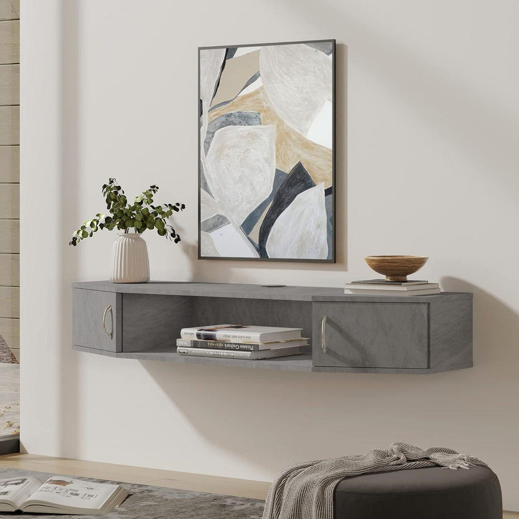 Black Floating TV Stand with Door Wood Media Console J6156