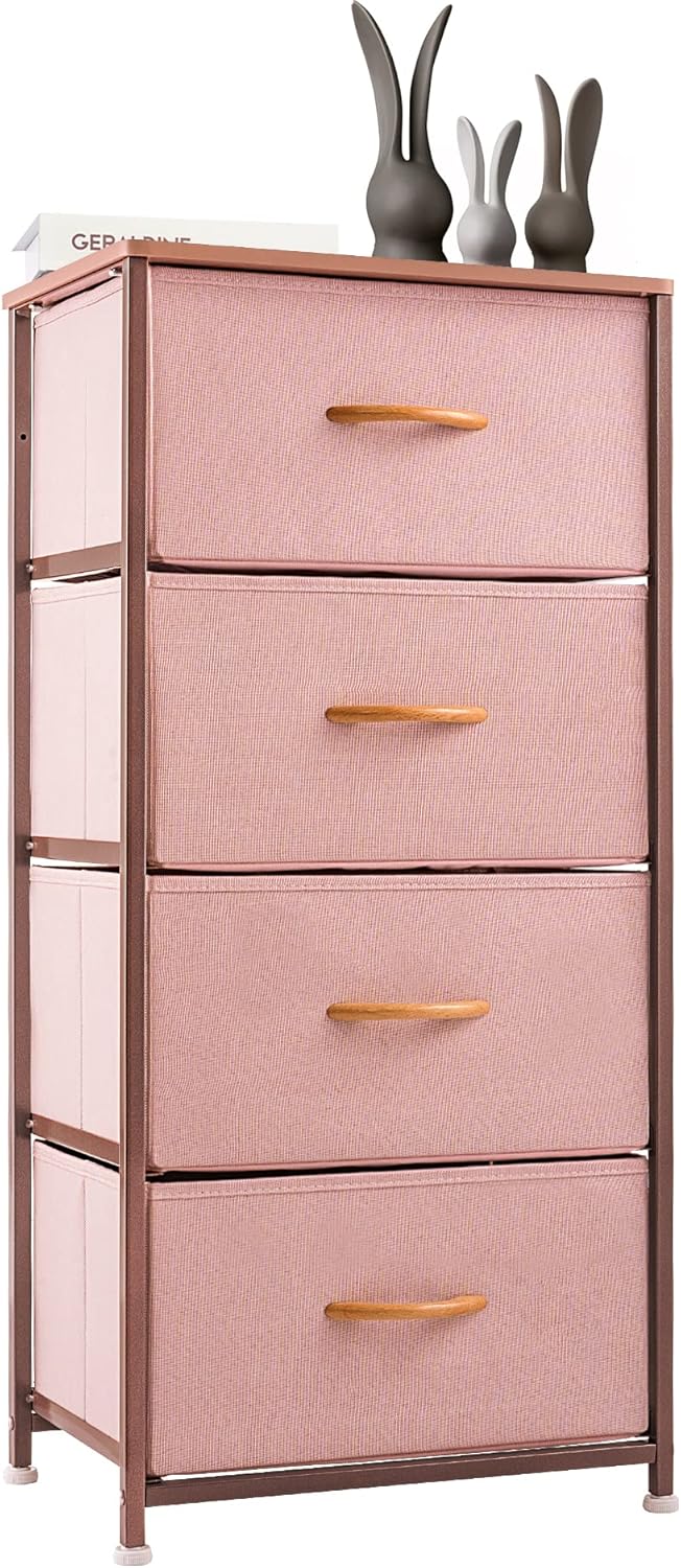 Vertical Dresser Storage Tower, Steel Frame, Wood Top, Fabric Bins, 4 Drawers, Brown L7718