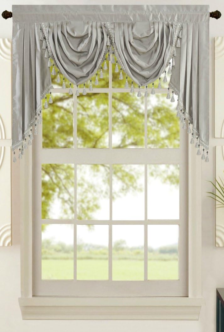 Red Solid Faux Silk Double Waterfall Valance with Tails B365368