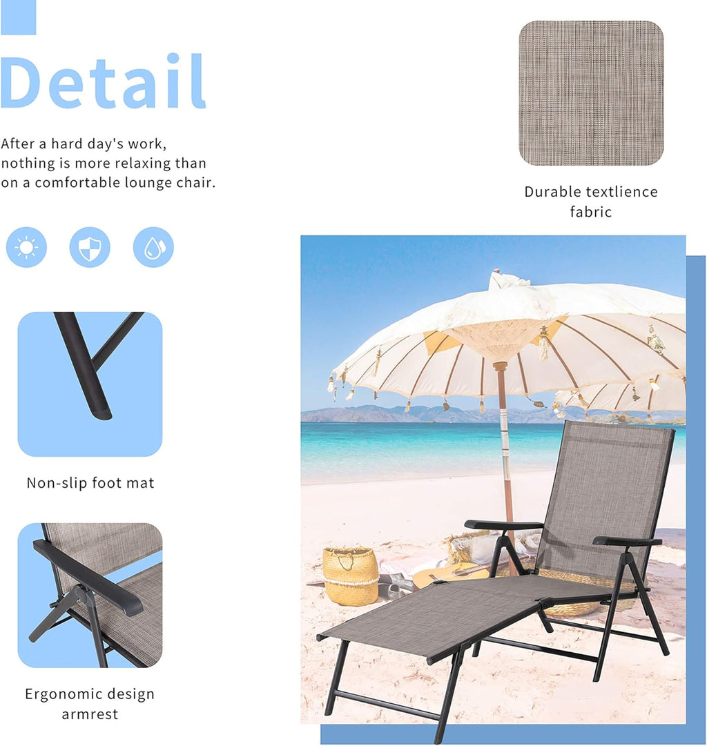 Outdoor Lounge Chairs Set of 2, Lightweight Folding Reclining Texilene Patio Chair with Adjustable Backrest B690