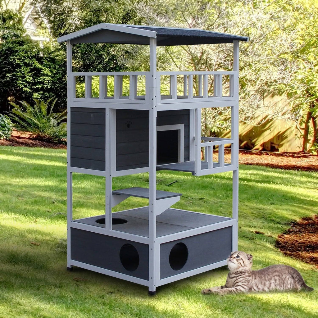 Gray Solid Wood Cat Condo with Litter Box Space J8661