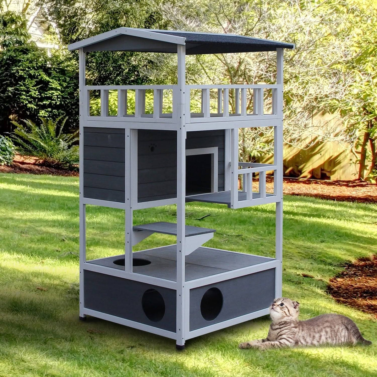 Gray Solid Wood Cat Condo with Litter Box Space J8661
