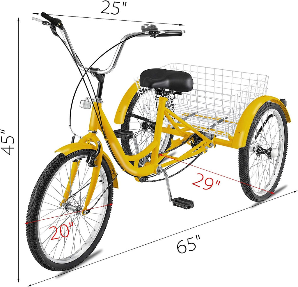 Adult Tricycle 20 inch, Three Wheel Bikes 7 Speed, Yellow Tricycle with Bell Brake System, Cargo Basket Z395064