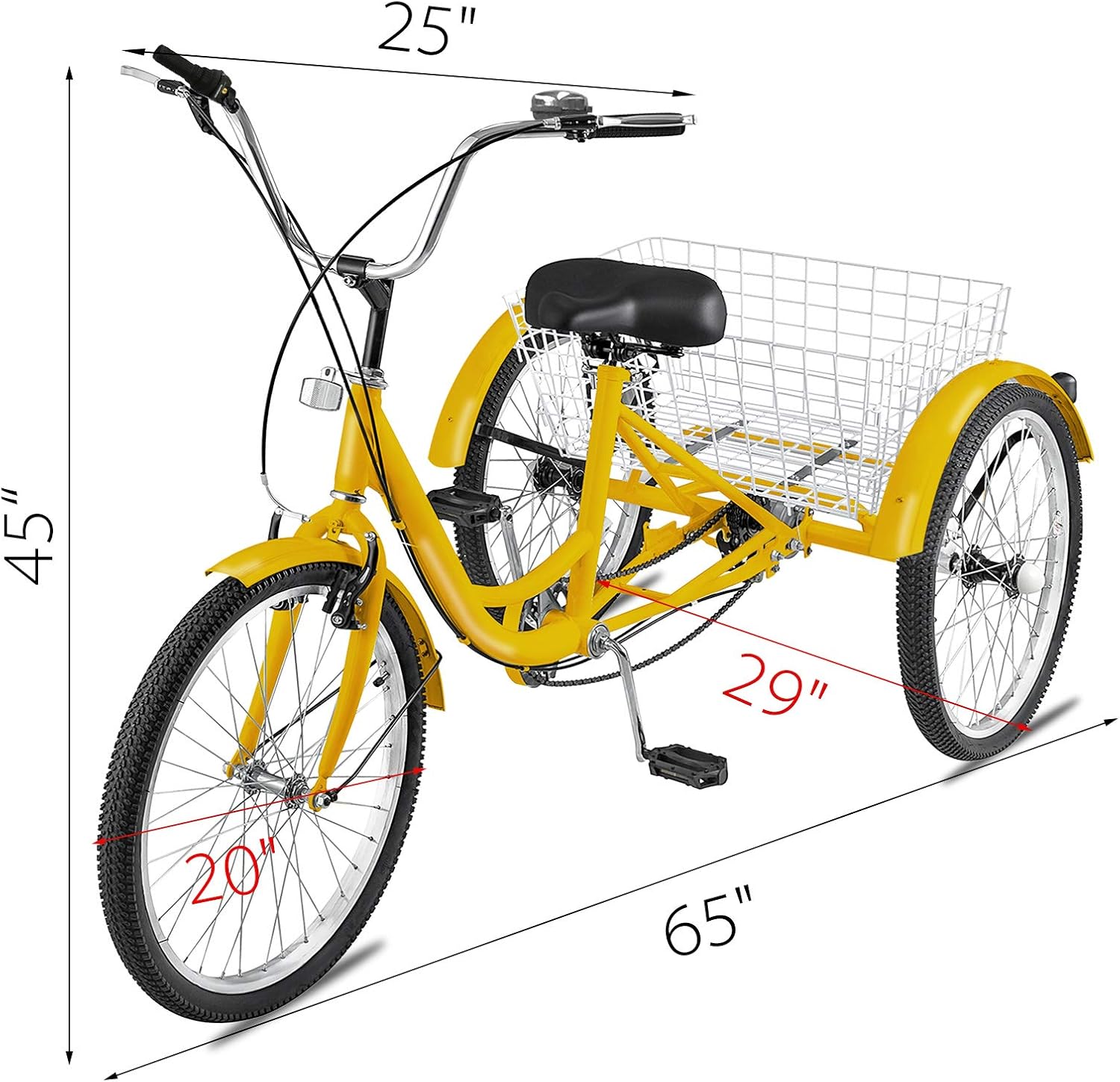 Adult Tricycle 20 inch, Three Wheel Bikes 7 Speed, Yellow Tricycle with Bell Brake System, Cargo Basket Z395064
