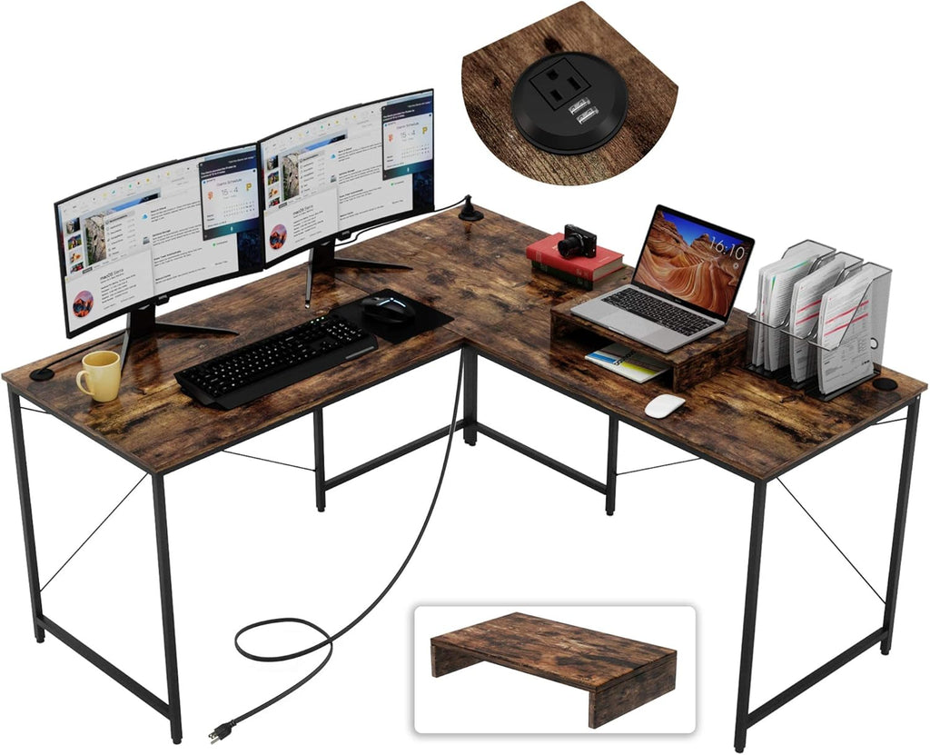 95.2 Inch L Shaped Desk with Power Outlet, Brown G152959