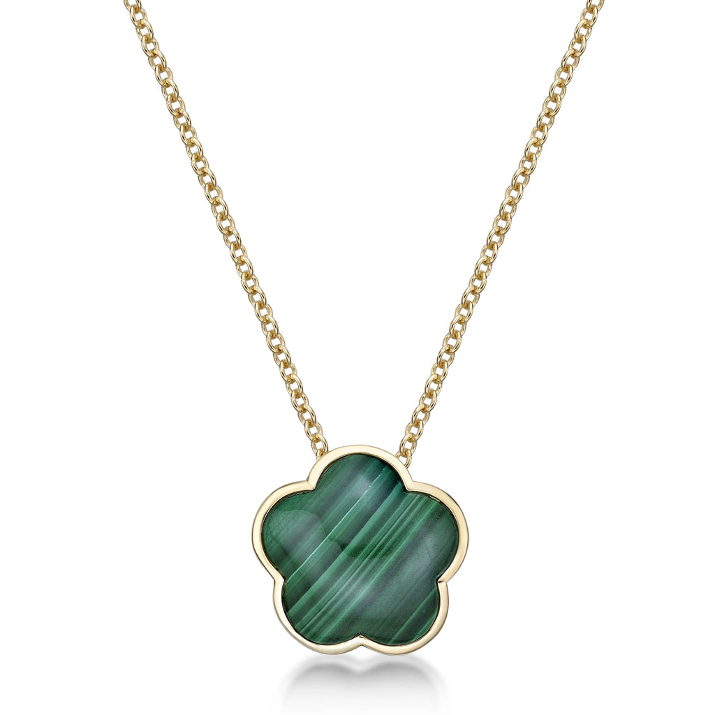 Green Malachite Five Petal Flower Pendant Necklace in 925 Sterling Silver with Yellow Gold Plating on 18 Inch Chain with Spring Ring V494906