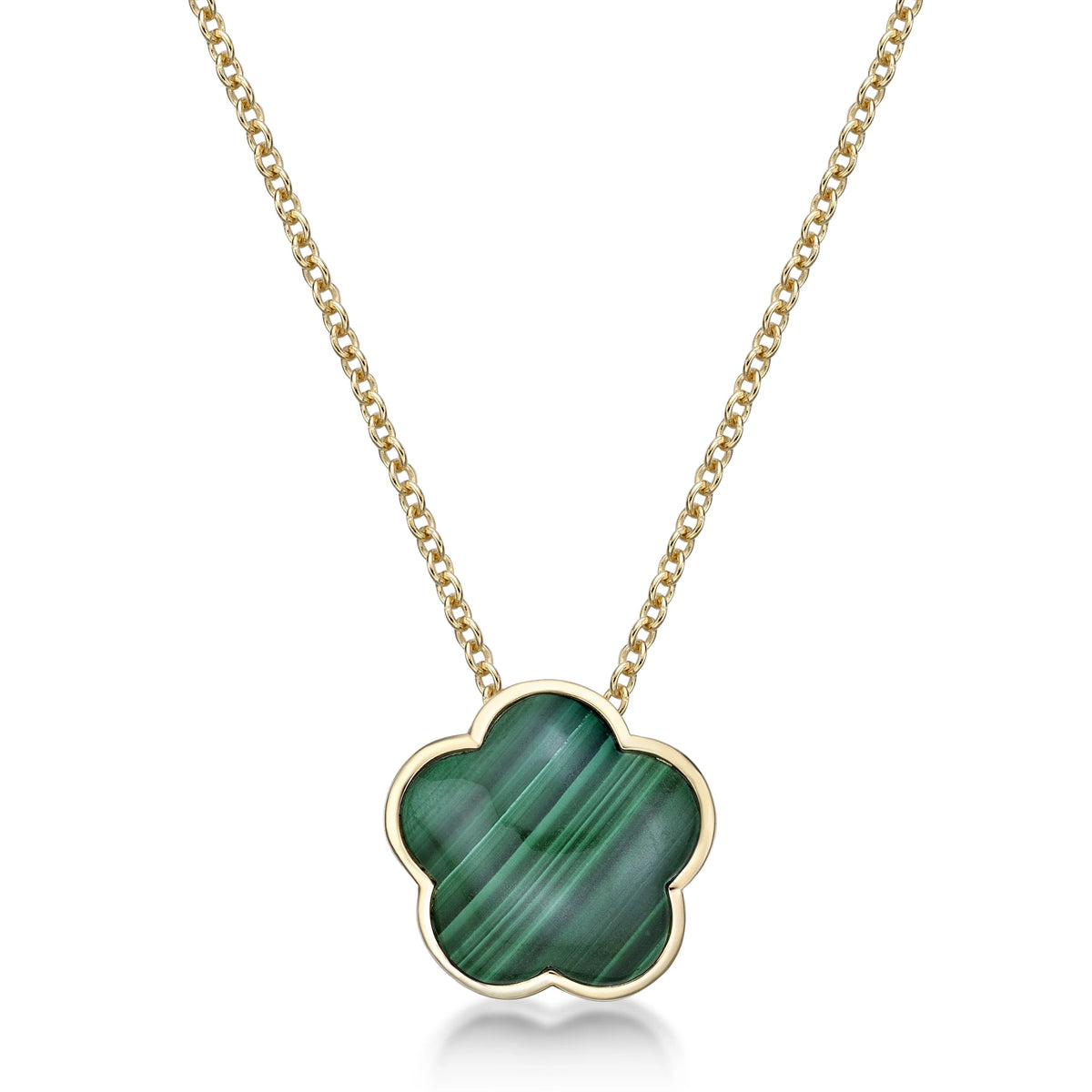 Green Malachite Five Petal Flower Pendant Necklace in 925 Sterling Silver with Yellow Gold Plating on 18 Inch Chain with Spring Ring V494906