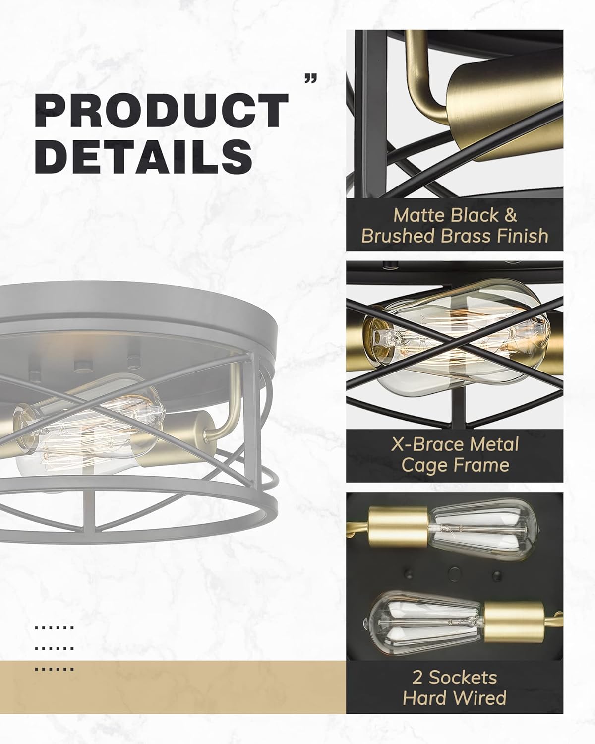 12 Inch 2-Light Farmhouse Flush Mount Ceiling Light Fixture in Matte Black and Brushed Brass C576685