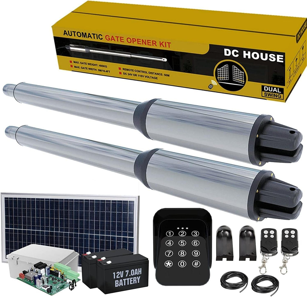 24V DC/AC Heavy-Duty Automatic Solar Dual Gate Opener Kit with Keypad + Car Sensor for Swing Gates Up to 16.4 Feet O143139